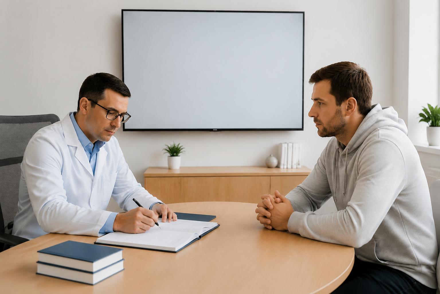 Лечение от токсикомании врач делает записи во время консультации с пациентом